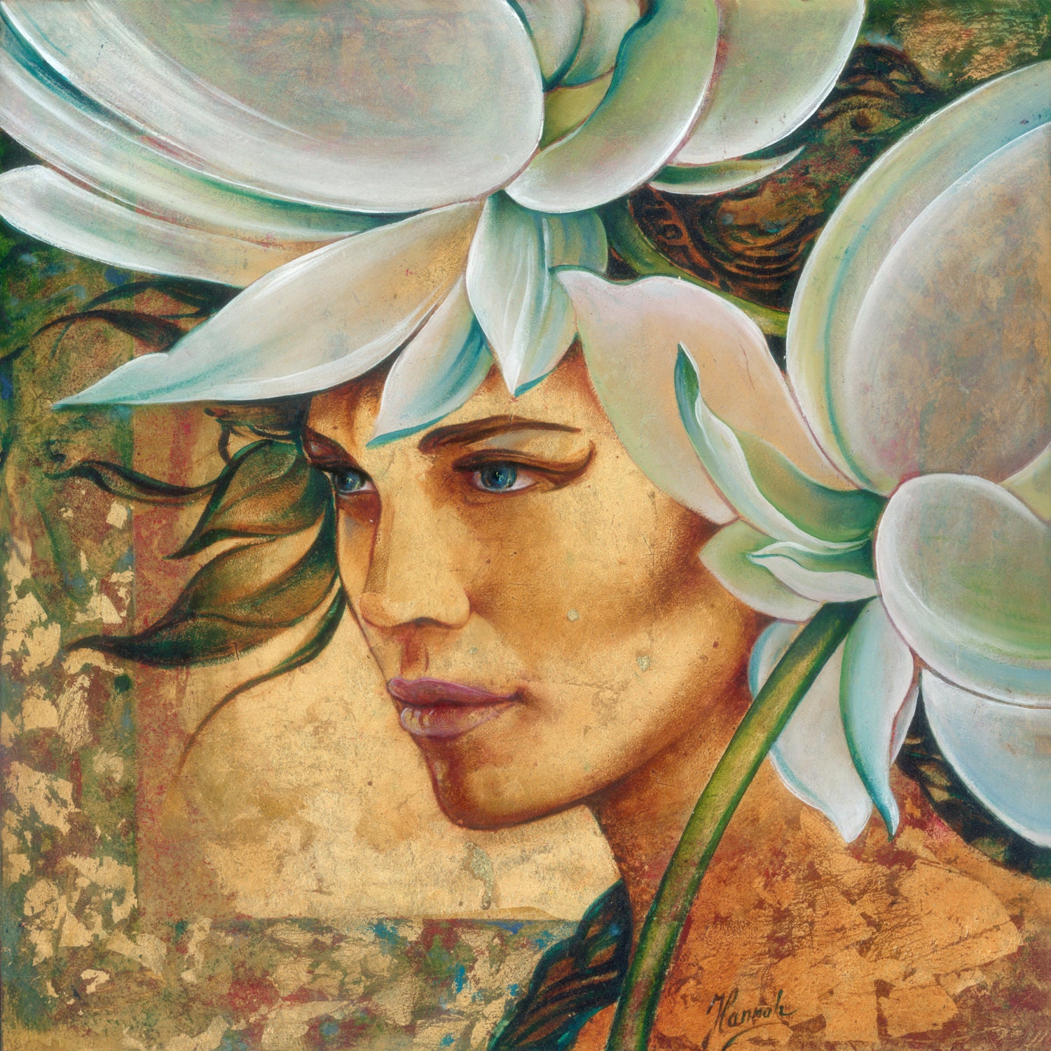 Download queen lotus flower woman face original oil painting handmade
