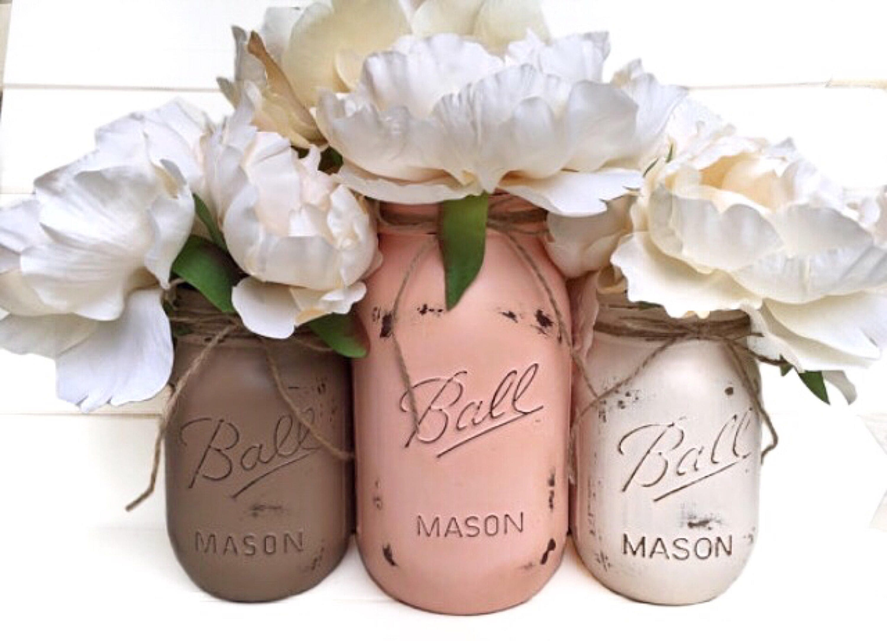 Three Painted Mason Jar Shabby Chic Rustic Decor