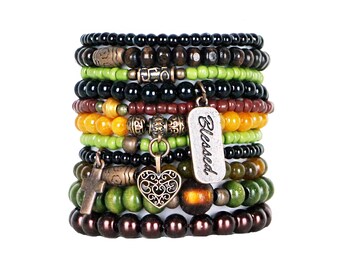 Beaded Bracelets Set of 11 Stretch Bracelets Bohemian Themed Stack with Copper Tone Charms