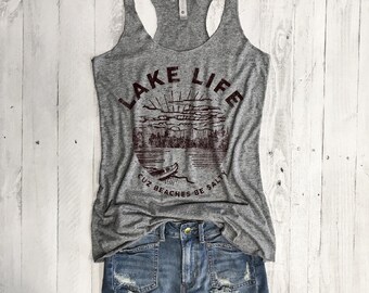 LAKE LIFE cuz beaches be salty...Heather Grey/Chocolate triblend tank, Funny Tank, Gym Shirt, Gym Tank, Yoga Top,, Yoga Vest, lake mode