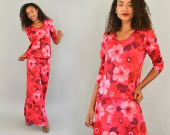 70s Maxi Skirt Set - Vintage Marjorie Hamilton Hot Pink Tropical Floral Print Long A-Line Skirt and Matching Long Sleeve Top Size M Medium