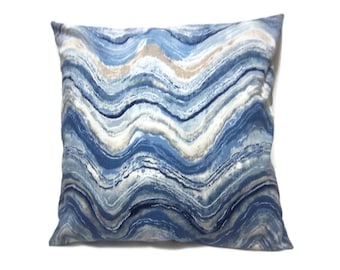 Decorative Pillow Cover Shades of Blue Taupe White Wave Design Same Fabric Front/Back Toss Throw Accent 18x18 inch x