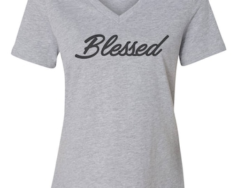 Blessed Cursive Custom Women's Relaxed V Neck Tee T-Shirt-Athletic Heather