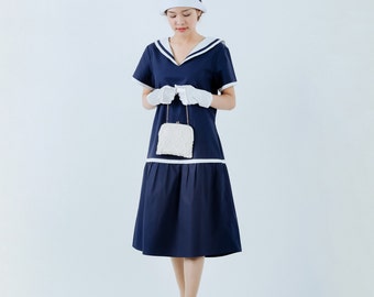 1920s sailor dress in navy and white, blue 20s day dress, nautical flapper dress, 1920s women clothing, blue Gatsby dress, Navy blue dress