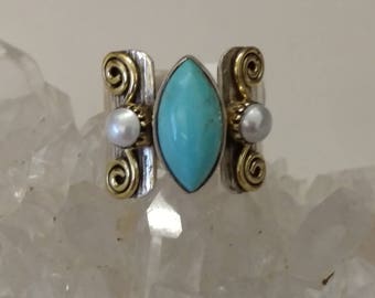 Blue Copper Turquoise and Pearl Ring Size 5 1/2