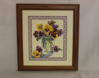 Framed Finished Cross Stitch-Pansies for Friendship