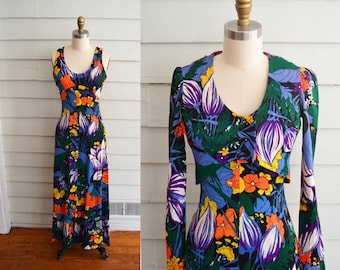 vintage 1960s or 1970s maxi dress / floral summer dress with bolero / extra small vintage dress / small vintage dress / long dress flowers