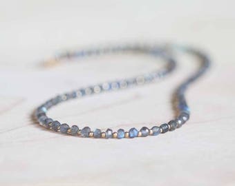 Beaded Labradorite Necklace with Rose Gold Fill or Sterling Silver, Delicate Beaded Layering Gemstone Necklace, Labradorite Jewelry