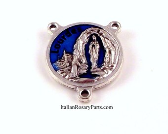 Virgin of Lourdes Round Rosary Center With Blue Enamel Accents Prayer On Back| Italian Rosary Parts