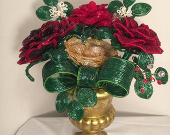 French Beaded Flower arrangement hand made with a vase