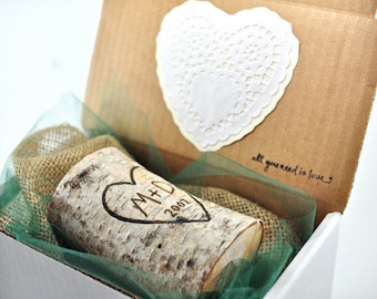 Birch Candle / Anniversary Gift / Birch Candle / Wood Burned Initials / for Him / Husband / Fiance / Personalized Gift / Valentine Gift Box