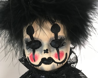 creepy clown goth doll, horror, Halloween prop