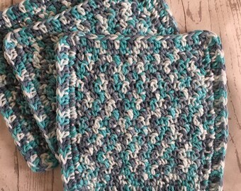 Wash Cloths Cotton Dish Cloths Baby Cloths Crochet Wash Cloth Aqua and Faded Denim Blue Set of 3 Made to Order