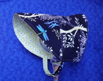 Navy Blue Baby Bonnet with Butterflies, Dragonflies and Trees