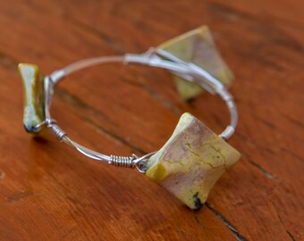Silver wire wrapped bangle with Amazonite gemstones