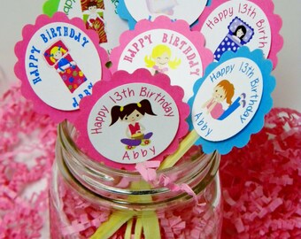 Personalized Sleepover Birthday Cupcake Toppers - Slumber Party Cupcake Toppers - Slumber Party Cupcake Favors - Sleepover Cupcake Favors