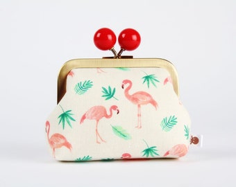 Metal frame coin purse with color bobble - Flamingos and palm trees - Color dad / Korean fabric / peach pink emerald green