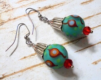 Teal Blue, Red and Silver Boho Earrings (3854)