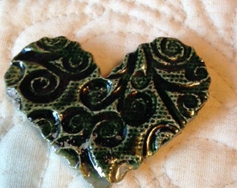 RAKU Heart Magnet with deep Emerald Glaze
