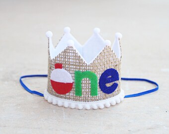 1st Birthday Ofishally One Crown - Boys First Birthday Gone Fishing Crown - Burlap Big One