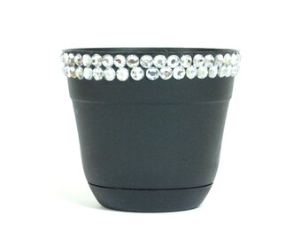 Rhinestone Blinged Plastic Flower Pot, Bedazzled Plastic Planter, Indoor Flower Pot