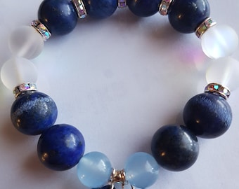 Lazuli Lapis,Moonstone,Aquamarine Bracelet!Size Medium!14 mm beads!!!