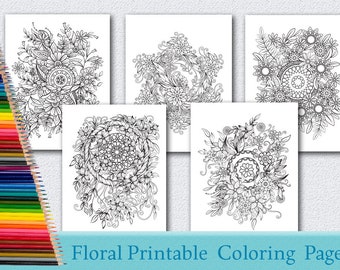 Floral Coloring Pages for Adults 5 Printable Coloring Pages Instant Download PDF Grown-up Coloring Pages Printable adult coloring page