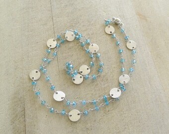 22" Aquamarine Rosary Necklace/Bracelet, Convertible Necklace to Bracelet Rosary Chain, March Birthstone Necklace, Magnetic Clasp Necklace