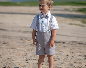 Ring bearer outfit Baby boy linen suit Baby boy light gray suspenders suit Boy baptism suit Shorts Suspenders Wedding party boy formal suit