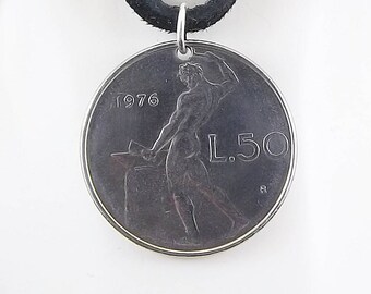 Italian Coin Necklace, 50 Lire, Vulcan, Coin Pendant, Leather Cord, Mens Necklace, Womens Necklace, Birth Year, 1976