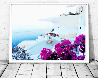 Santorini Print Greece Photography Santorini wall art Relax wall decor Sea print Ocean wall decor Greek islands print bougainvillea print