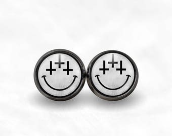 Inverted Cross Smiley Face Stud Earrings | Satanic Jewelry Satanic Earrings 90s Grunge Pastel Goth Jewelry Vaporwave 666 Boho Vaporwave