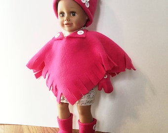 Fleece Poncho Set of Poncho, Hat, Booties, Mittens for 18 Inch Dolls. Bright Pink Fleece. Button Trim and Fringe on Poncho. 18" Doll Clothes