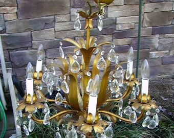 Vintage Italian Gilt Tole Prisms Chandelier/Dripping 82 Crystal Prisms/ Hollywood Glam/Paris Apt/Cottage Chic Chandelier