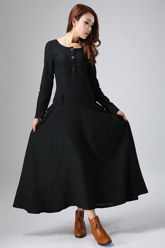 Black dress maxi linen dress womens dress long sleeve