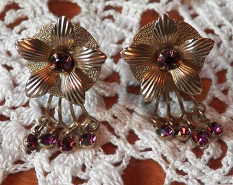 Dainty Vintage 'Amethyst' Rhinestone Clipback Earrings