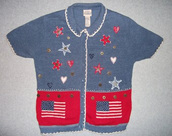 Stars and Stripes American Flag USA 4th of July Sweater w/ Shoulder Pads Tacky Gaudy Ugly Christmas Party X-Mas S Small M Medium