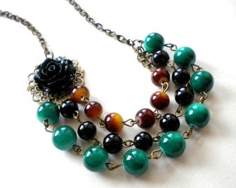 Green Necklace Green Statement Necklace Bib Flower Necklace Emerald Necklace Flower Statement Jewelry Forest Green Necklace Bib Jewelry