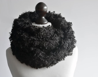 Boucle infinity scarf. Faux fur infinity scarf. Faux fur snood in black. Faux fur neck warmer. Womens chunky scarf. Black boucle neck wrap