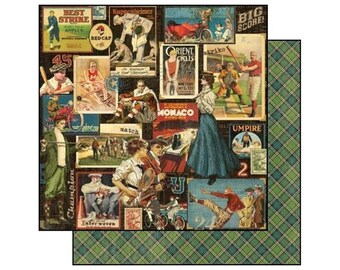 Graphic 45 Good Ol Sport Big Score #4500854 12x12 double-sided Scrapbook Paper Sheet Football Tennis Baseball Golf