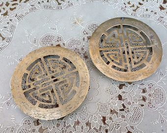 Vintage Brass Chinese Four Blessings Pair Footed Trivets