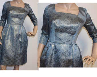 Vintage 1960s blue gold brocade wiggle party dress XS/small 218