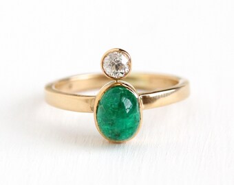 Emerald & Diamond Ring - 14k Rosy Yellow Gold Size 5 1/2 Cabochon Green Gemstone Fine Stick Pin Conversion - 1/5 CT Old European Jewelry