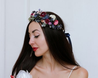 Blue pink floral crown Flower headband Wedding hair wreath Bridal headpiece Flower girl crown Boho wedding Bridesmaid crown