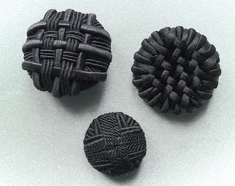 Cord buttons, antique, 3 different black, hand made from interwoven cord. c1900-1910's.