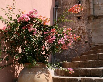 Sicily Photography - Peach Home Decor Italy Photograph Pink Flowers Wall Art Italian Architecture Print Rustic Mediterranean Decor