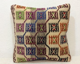 Kilim pillow cover 16”x16” 40x40cm,Old kilim,Vintage,Embroidery,Handmade,Handwoven,Children’s room,Home Decor,Turkey