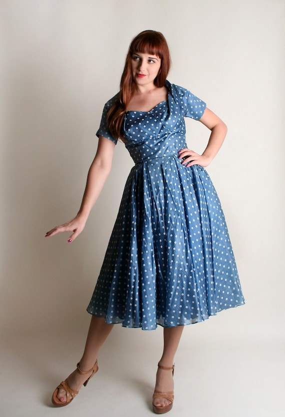 Vintage 1950s Dress Sky Blue Polka Dot Silk Party Dress