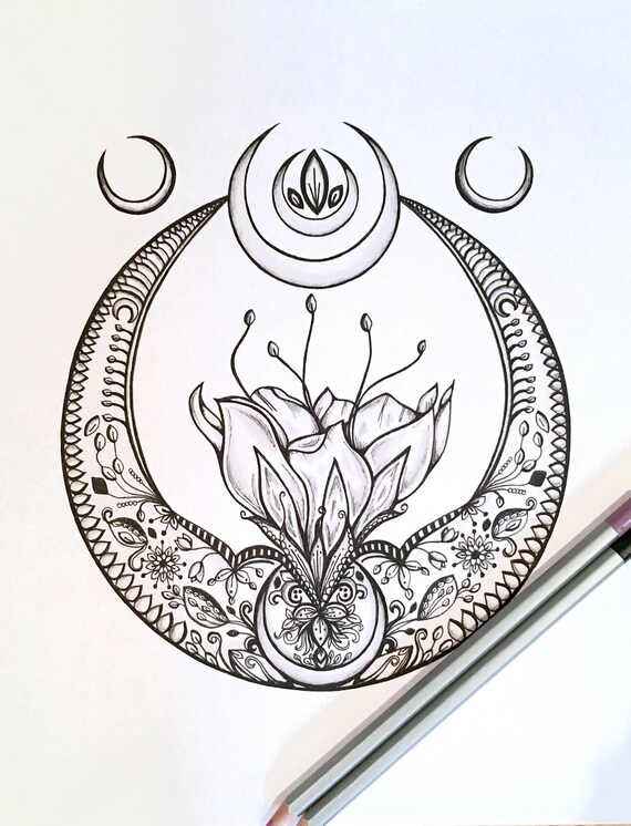 Adult Kids Coloring Page crescent Moon Original Lotus Flower