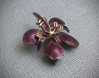 Purple Enamel Orchid Brooch Pin By David Andersen - Vintage Norwegian Sterling Silver, 1970's, Flora Serie, Geitrams